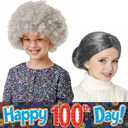 Cupohus Old Lady Costume Set Grandma Wig Granny Wig Cap Madea Granny Glasses Eyeglass Chains Cords Faux Pearl Bead Necklace Women Cosplay Set 5 Pieces (grey bun)
