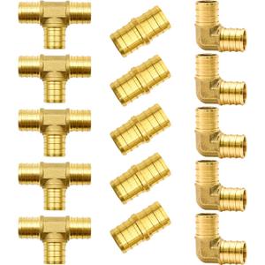 15pcs 3/4" PEX Fittings, Elbow TEE Straight Couplings Set, PEX Brass Crimp Fitting Combo with Tees, Elbows, Straights