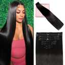 POGINJA Clip in Hair Extensions Real Human Hair, Remy Human Hair Clip in Extensions for Black Women, Invisible Natural Straight Seamless Clip ins Hair Extensions 8pcs Double Weft #1B 14inch 80g