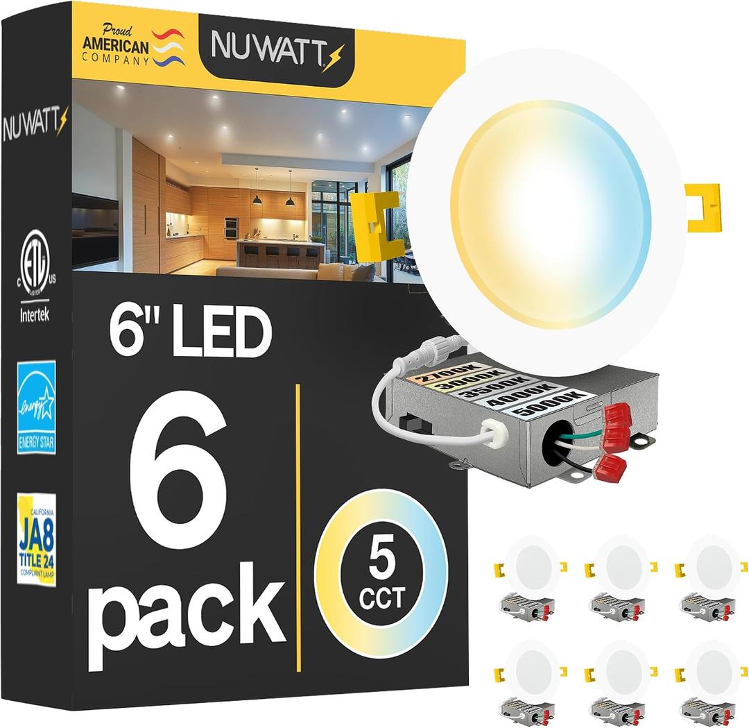 NUWATT 6 Pack, 6 Inch Ultra-Thin LED Recessed Lighting, CCT 2700K/3000K/3500K/4000K/5000K Selectable, 1050LM, 15W, Dimmable, IC Rated, Wet Rated, White Trim Canless Slim Wafer Light with Junction Box