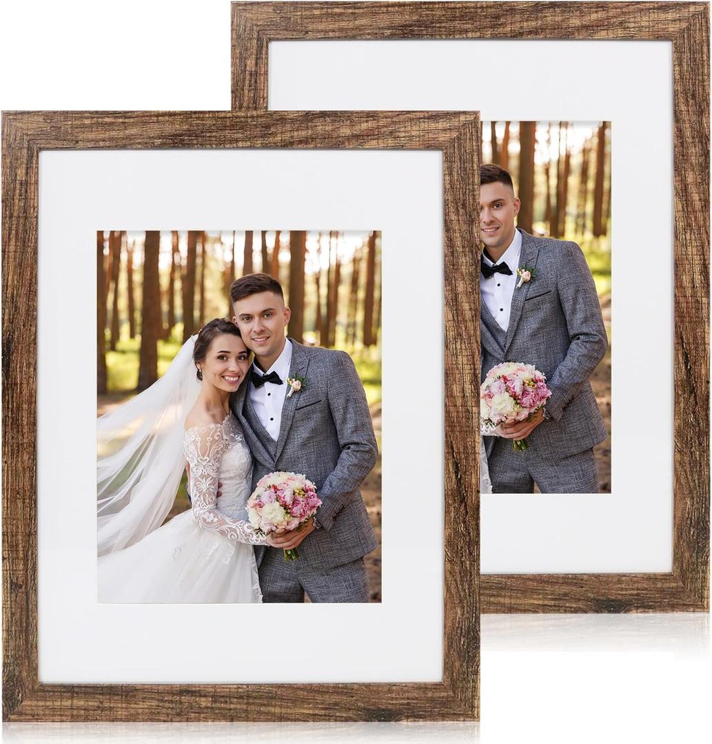 11x14 Picture Frame Set of 2, Made of Real Glass and Rustic Brown Wooden Frame, Display 8x10 Pictures with Mat or 11 x 14 Posters without Mat for Wall Mounting, Gallery Photo Frames