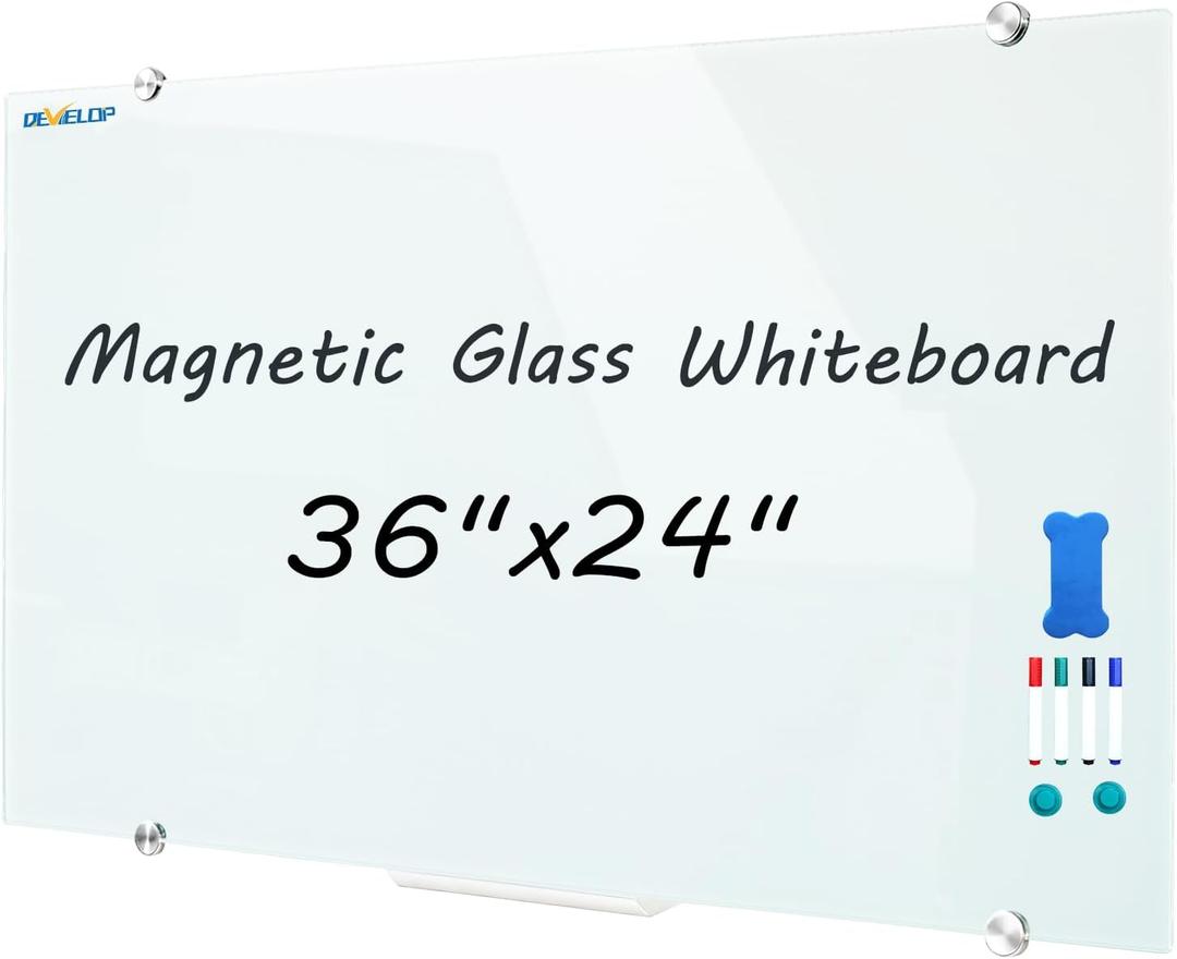 DEVELOP Magnetic Glass Dry Erase Board/Whiteboard, Wall Mounted Glass White Board, Frameless with Aluminum Marker Tray, 36 x 24 Inch (90x60cm), Includes 4 Dry Erase Markers 1 Eraser and 2 Magnets