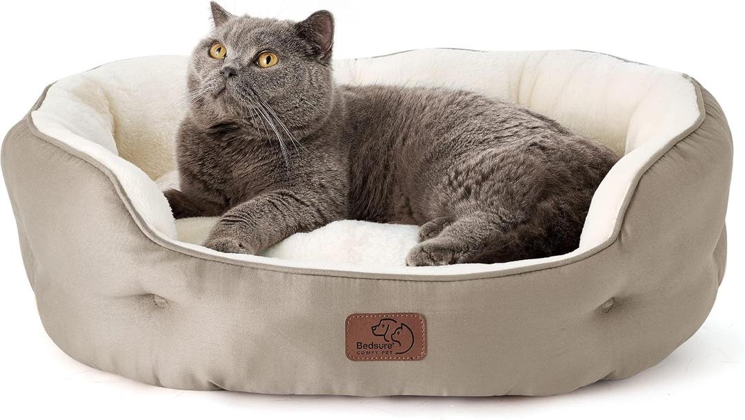 Bedsure Dog Beds for Small Dogs - Round Medium Cat Beds for Indoor Cats, Washable Pet Bed for Puppy and Kitten with Slip-Resistant Bottom, 25 Inches, Taupe (Camel)