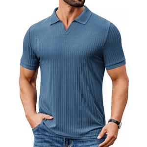 COOFANDY Men's Ribbed Polo Shirts Short Sleeve V Neck Slim Fit Polo T-Shirt Casual Summer Collared Golf Shirt (Blue)