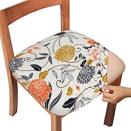 Gute Stretch Printed Chair Seat Covers with Elastic Ties and Button, Removable Washable Dining Upholstered Chair Protector Seat Cushion Slipcovers for Dining Room, Office (Flower, Pack-8)