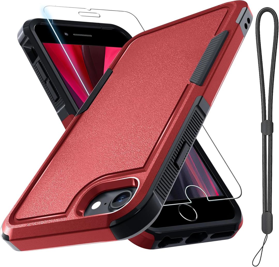 RMOCR Case for iPhone 8/7/SE 2022 2020, with Screen Protector,Military Grade Heavy Duty Shockproof Phone Cover with Wrist Lanyard Strap for iPhone 8/7/SE 2nd 3rd 4.7 inch,Red