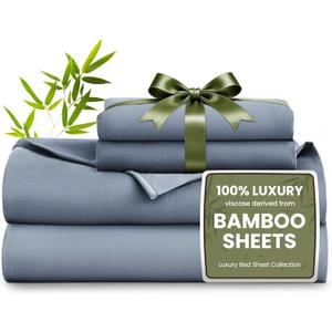 Love's cabin 4 Piece Full Size Sheet Set, 100% Rayon Derived from Bamboo, Cooling & Breathable, Soft Silky Deep Pocket up to 16", Hotel Luxury Bedding for Hot Sleepers, Bluish Grey