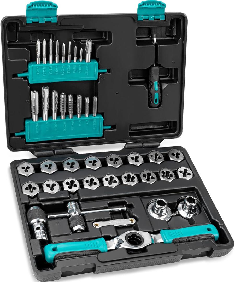 42-Piece Metric Tap and Die Set with Comfortable Ratcheting Tap Handle for Internal and External Threading