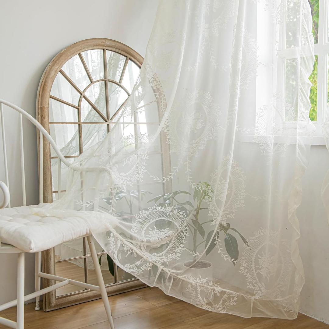 Ivory Lace Curtains 84 Inches Long for Bedroom Living Room, Sheer Victorian Florals Embroidery Scalloped Edges, Window Treatments Farmhouse Country Pair Decor Rod Pocket, W57 x L84
