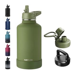 RUBYFLASK 64oz Insulated Water Bottle with Straw, Half Gallon Stainless Steel Vacuum Water Jug, Large Thermos Water Bottle Flask with Leakproof 3 Lids for Travel, Camping, Gym Sports Armygreen
