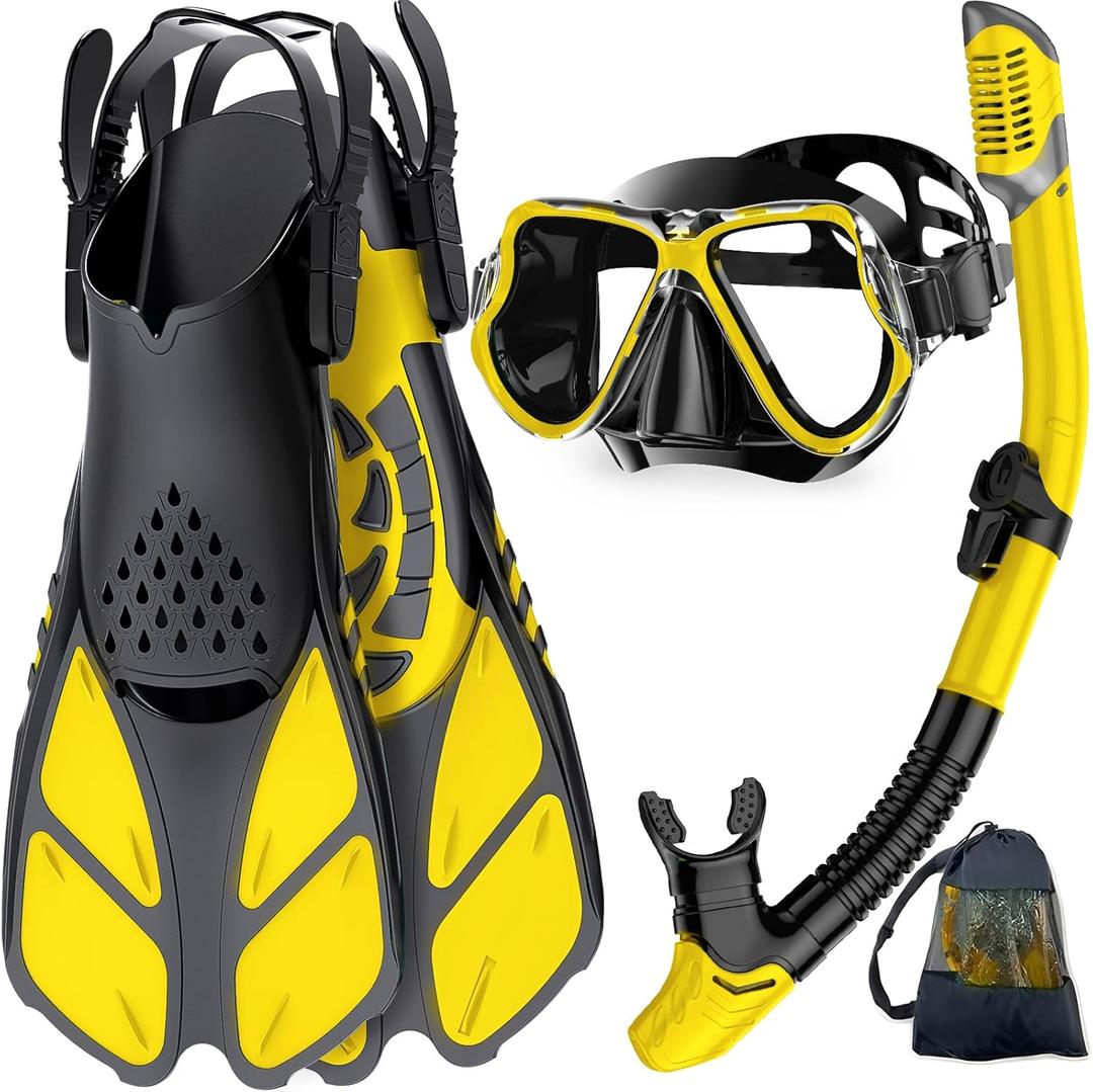 Zenoplige Mask Fins Snorkel Set, Snorkeling Gear for Adults, Panoramic View Snorkel Mask Anti-Fog, Adjustable Dive Flippers, Dry Top Snorkel and Travel Bag, Scuba Gear for Swimming Snorkeling Diving (Small-Medium, Yellow Black)