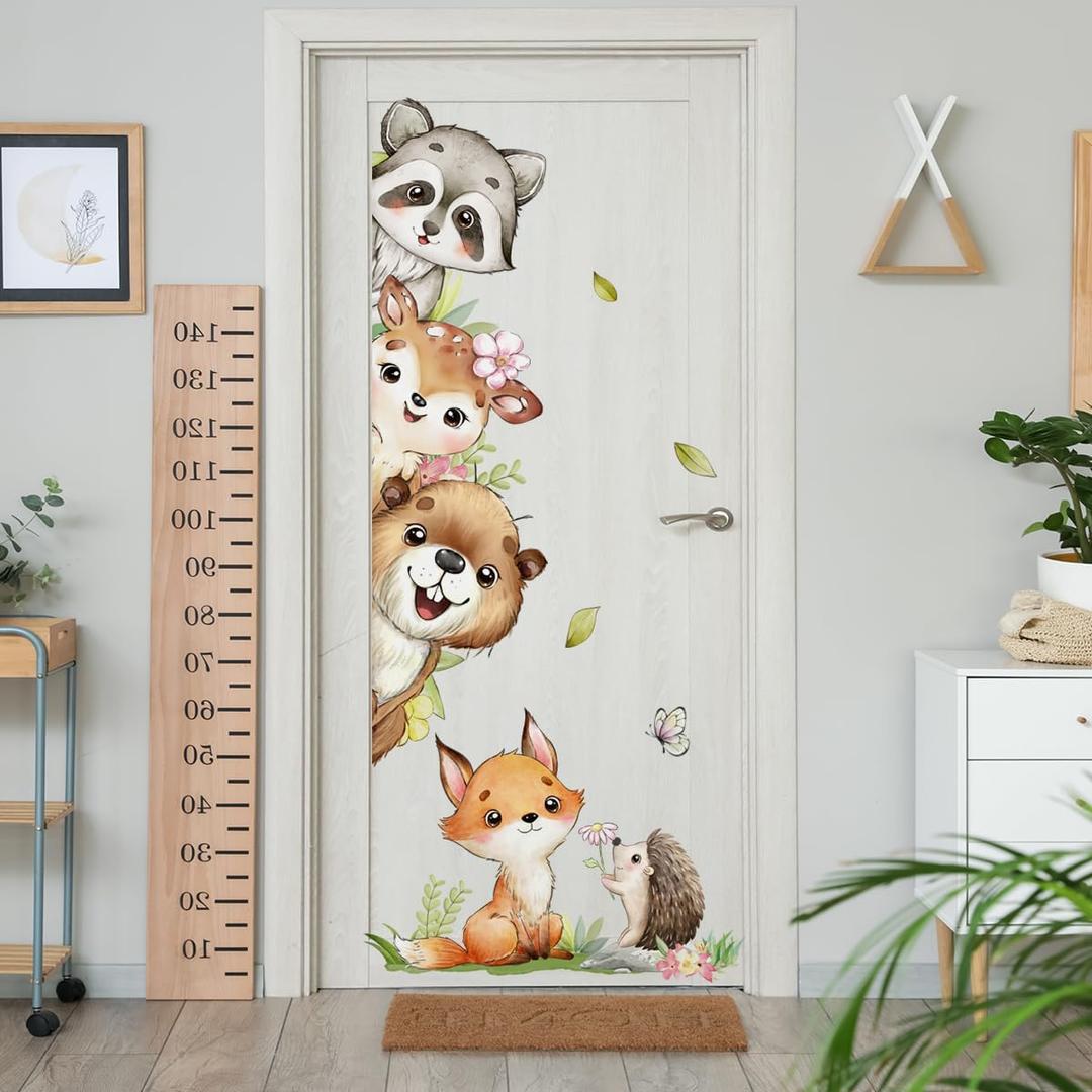 Watercolor Jungle Animal Wall Decals, Forest Animal Wall Sticker Raccoon Deer Fox Hedgehog Wall Decals for Baby Nursery DecorationsDoor Offices Bedroom Room Sticker.