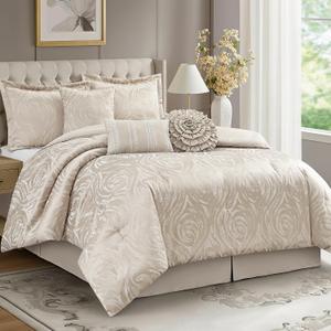 LANCO MODERN LIFESTYLE Gold 7 Piece Comforter Set, California King, Elegant Floral Jacquard, Ultra Soft Bed Set for All Seasons, Bed in a Bag with Comforter, Bed Skirt, Pillow Shams & Decor Pillows