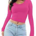 Womens Long Sleeve Crop Top Scoop Neck Sexy Slim Fitted Casual Base Layer Lightweight Soft Tops Workout Shirts 2025 Women's Clothing XS Fall Winter Underwear Spring Fashion Basic Going Out Tops, XS