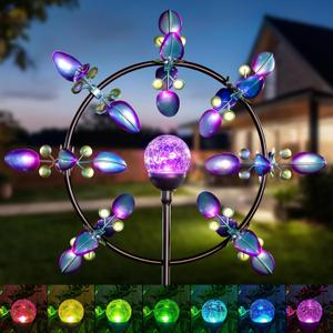 Large Solar Wind Spinners for Yard Art Garden-67 Inch 360 Metal Wind Sculptures Outdoor Clearance Kinetic Windmills with Multi Color Led Glass Ball (Swaying Blades)