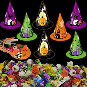 90PCS Halloween Party Decoration Gift Trick or Treat Container Witch Hat Kit for Kids School Classroom Gift, Trick or Treat, Includes Hat Teeth Eyeballs Cobwebs
