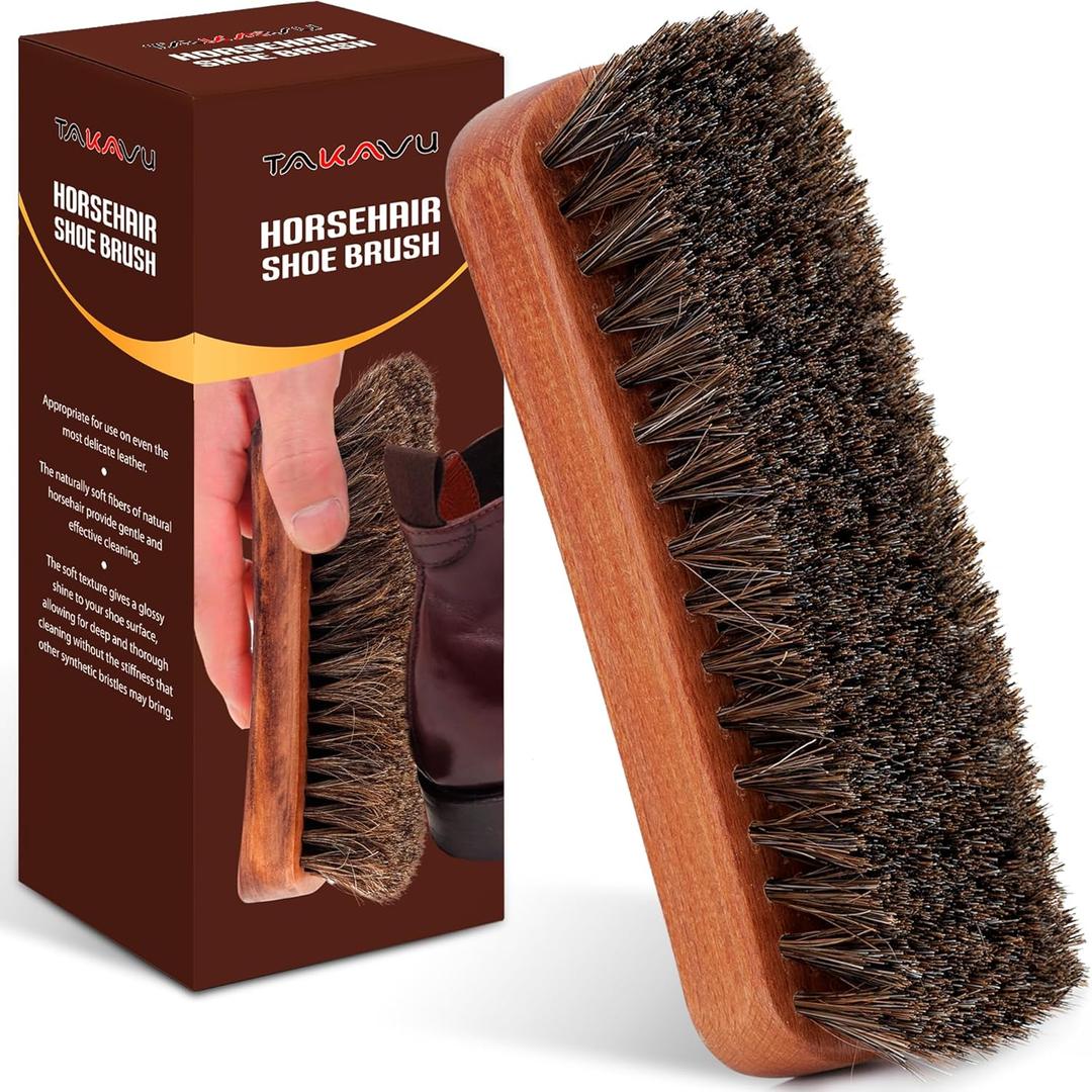 6.7" Horsehair Shoe Shine Brush - 100% Soft Genuine Horse Hair Bristles - Unique Concave Design Wood Handle for Boots, Shoes & Other Leather Care (1pc)