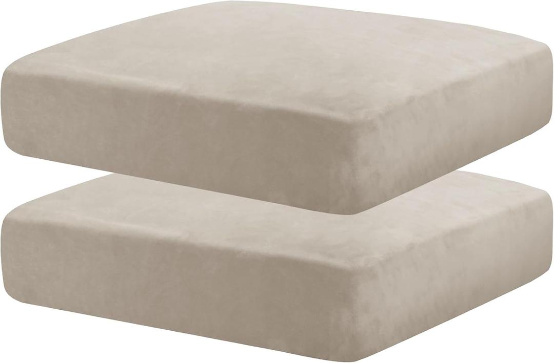 MAXIJIN Velvet Stretch Seat Cushion Covers Couch Cushion Cover for Individual Cushions Sofa Seat Cushion Slipcovers with Elastic Bottom (2 Piece Sofa Cushion Covers, Khaki)