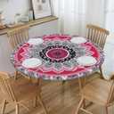 Waterproof Tablecloth with Elastic Tablecloth for Round Tables 36"-70" for Indoor Outdoor Patio Use, 52Inch, Pink and Grey Ethnic Folk Style