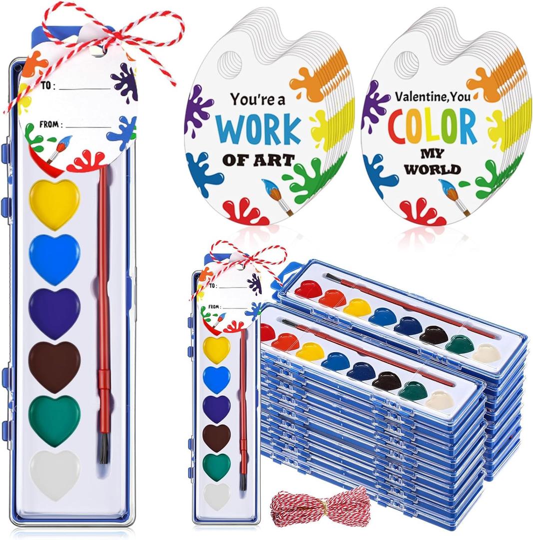 Sabary 18 Pack End of School Year Gift for Student Watercolor Paint Set Bulk with Card and Rope 8 Washable Watercolor Paint with Brush for Last Day of School Classroom Kid Art Party Favor (Heart)