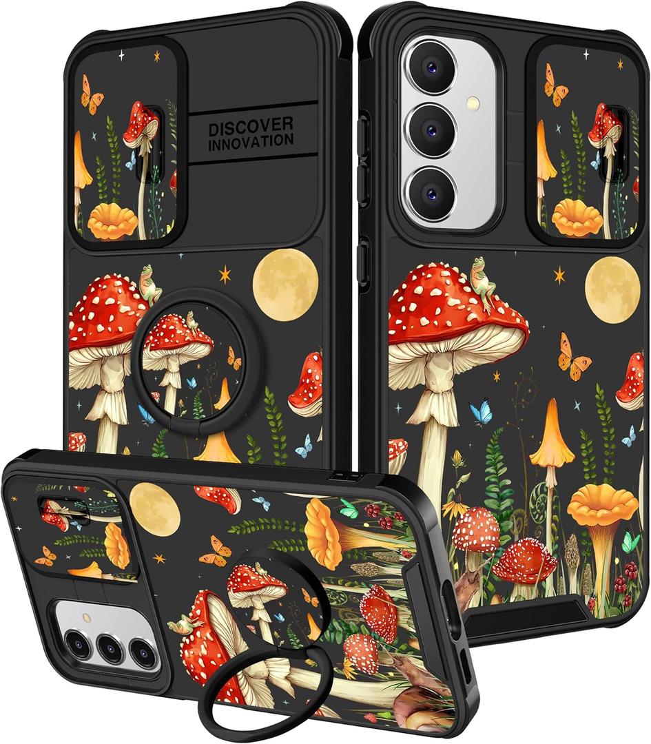 Funermei for Samsung Galaxy S24 FE Case - Women Girls Cute Phone Cover Girly Pretty Aesthetic Mushroom Unique Design with Camera Cover Ring Stand Funda for Samsung S24 FE Case