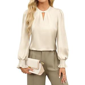 BMJL Womens Dressy Casual Blouse Black Long Sleeve Shirts Satin Silk Keyhole Business Work Tops Fall Outfits 2025.M