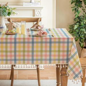 JIALE Easter Gingham Tablecloth Cotton Linen Fabric Colorful Checkered Table Cloth with Tassel, Washable Wrinkle Free Buffalo Plaid Table Cover for Spring Summer Dining Party, Multi Yellow, 55X75''