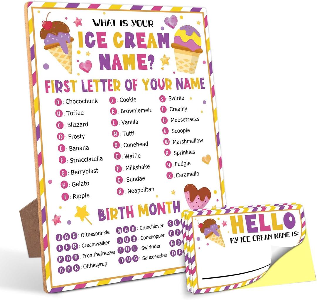 What is Your Ice Cream Name Game,30 Stickers, Ice Cream Party Decor,Perfect for Birthday Party Activities 68 Wooden Play Sign with Stand