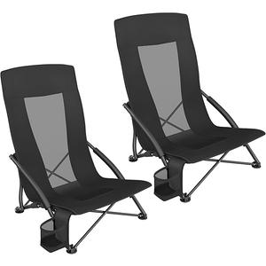SONGMICS Set of 2 Portable Beach Chairs for Adults, Max. Load 330 lb Each, High Backrest, Cup Holder, Lightweight, Heavy-Duty, Black UGCB067B01V1