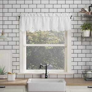 No. 918 Mariela Floral Trim Semi-Sheer Rod Pocket Kitchen Curtain Valance, 58" x 14", White (14"W x 58"L (Pack of 1))