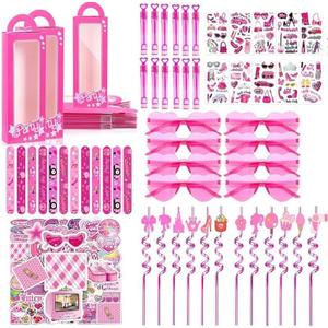 120 pieces of pink party gift pack, Goodie Box gift box contains heart-shaped glasses, straws, bubble sticks, tattoo stickers, bracelets, suitable for children and girls' birthday party decorations