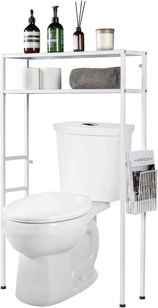 MyGift Over The Toilet Storage, 2-Tier Over Toilet Bathroom Organizer with Removable Magazine Holder Basket, Fit Most Toilets, Space-Saving, Easy Assembly, White