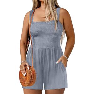 Eytino Plus Size Jumpsuits for Women Loose Summer Smocked Square Neck Sleeveless Short Rompers with Pockets(1X-5X) (Blue)