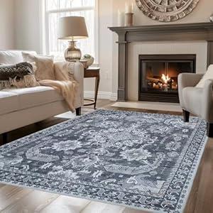 Area Rugs for Living Room 0.24inch Low Pile Faux Wool Bedroom Rug TPR Anti-Slip Backing Carpet Vintage Soft Rugs for Dining Room décor Machine Washable (Grey, 8 * 10)