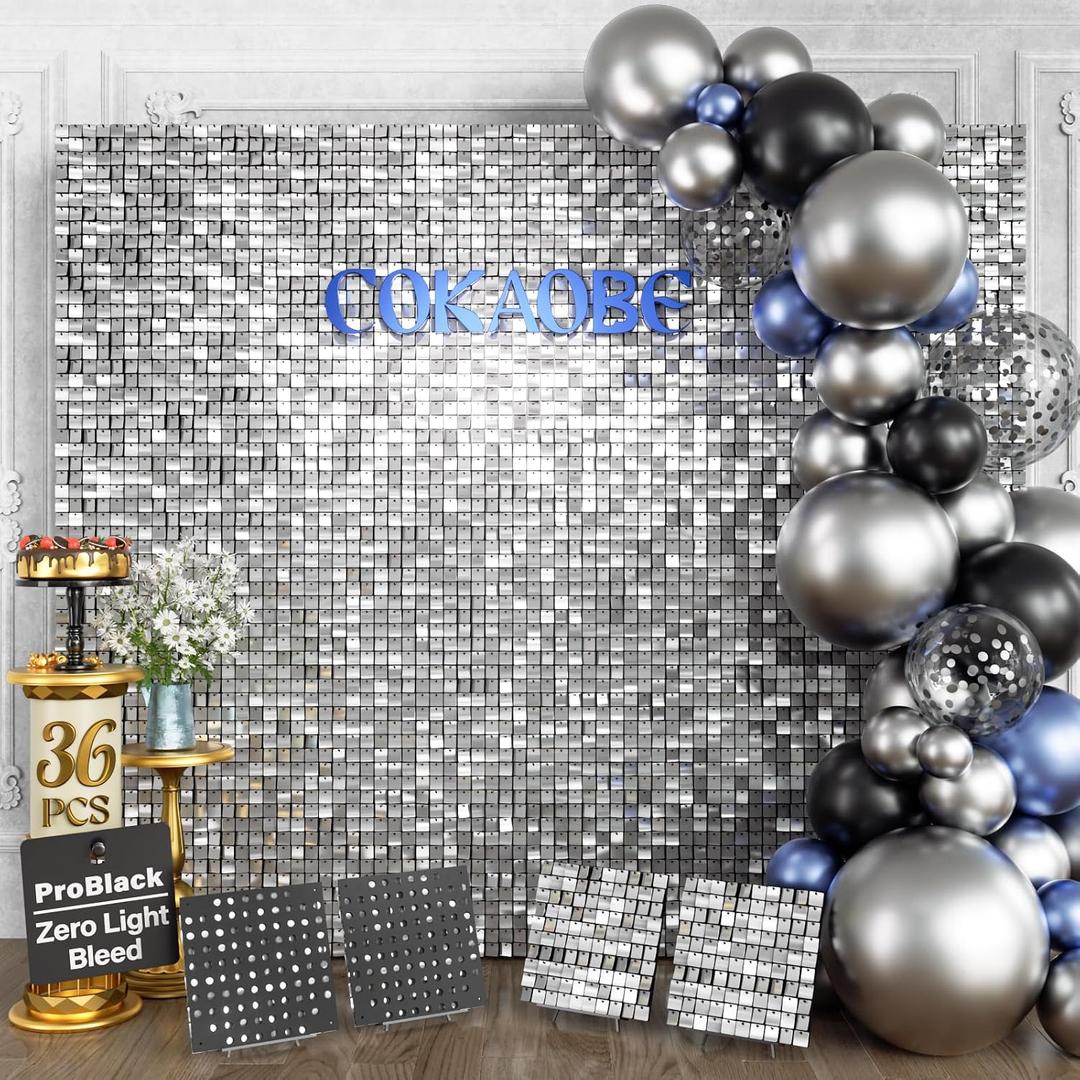 COKAOBE ProBlack Series Shimmer Wall Backdrop 36 Pcs, Silver Square Sequin Glitter Backdrop Panel, Black Back Not See-Through Design, Perfect for Birthday Graduation Wedding and Party Decoration