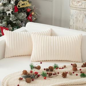 Kevin Textile Set of 2 Oblong Pillow Covers Christmas Plush Striped Corduroy Velvet Rectangular Lumbar Throw Pillow Case 12x20 Cushion Cover for Chair, 30 x 50cm, Creamy White