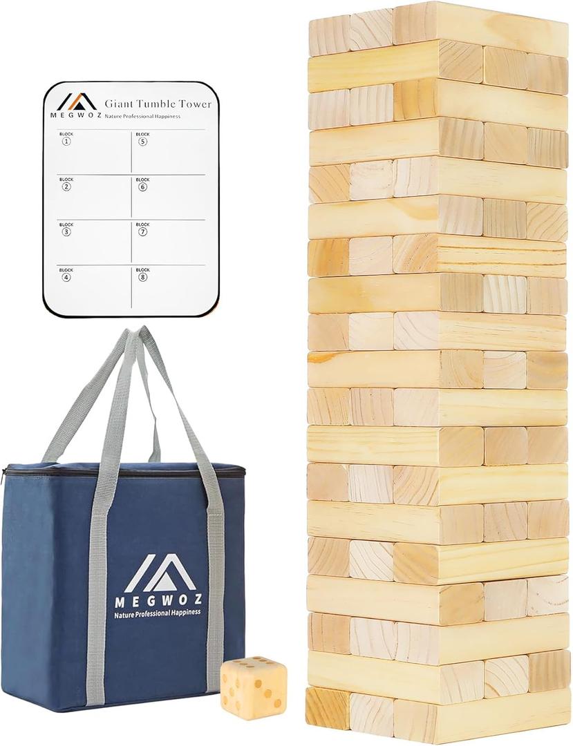 Megwoz Medium Tumble Tower Games for Kids and Adults 57 Blocks New Zealand Pine Wooden Blocks Stacking to 3FT Family Game for Indoors Outdoors Yard Games for Family