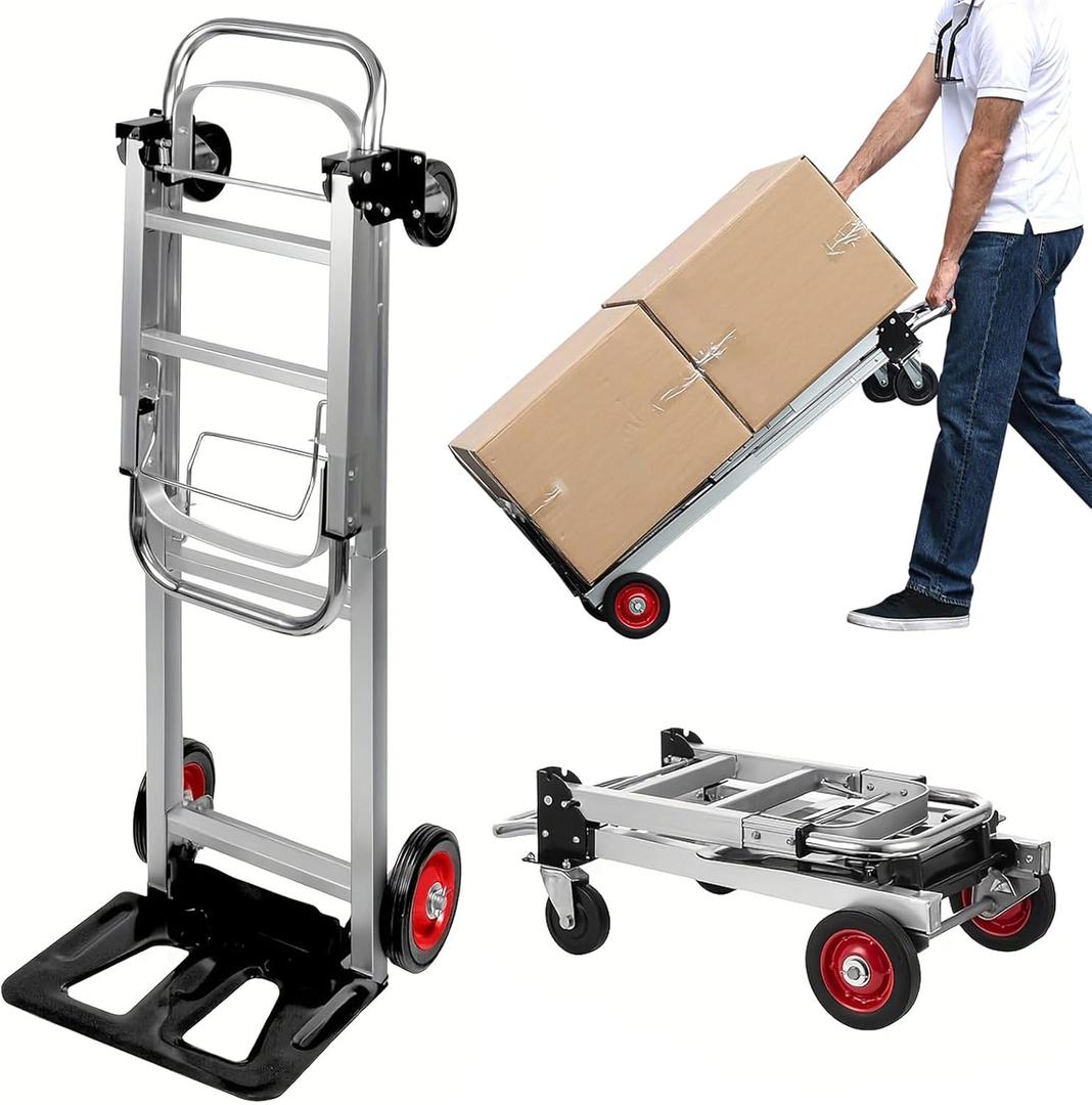3-in-1 Aluminum Folding Hand Truck Dolly, 400lbs Heavy Duty Dolly Cart with Wheels, Convertible Hand Truck with Retractable Handle for Moving Home Warehouse Office Camping