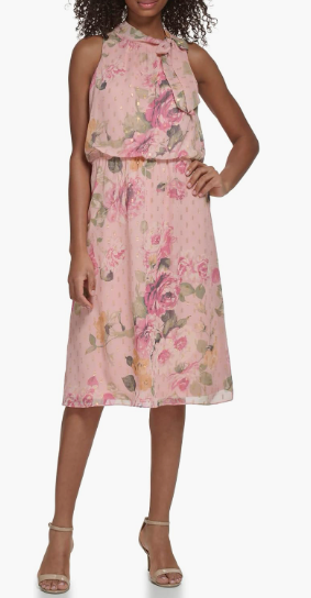 Jessica Howard Women's Fit and Flare Midi Dress with Tie Neck in Chiffon Lurex  size 8