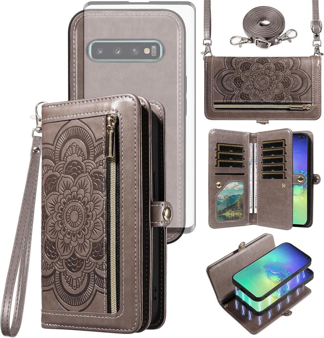 Asuwish Phone Case for Samsung Galaxy S10 Plus Zipper Wallet Detachable Cell Cover with Tempered Glass Screen Protector Crossbody Strap Flower Card Holder S10+ S10plus 10S Edge S 10 10plus Women Gray