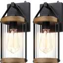 LONEDRUID 2 Pack Dusk to Dawn Outdoor Wall Light Fixtures Photocell Sensor Exterior Lantern Sconce Lighting Waterproof Outside Wall Mount Lamp for House Patio Garage Entryway Doorway (Black & Wood Texture)