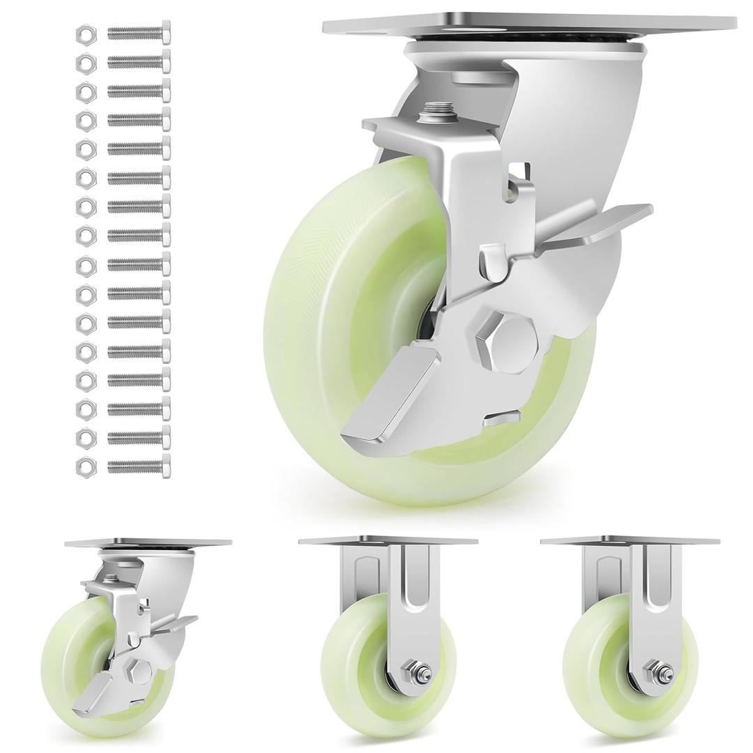 W B D WEIBIDA Heavy Duty Caster Wheels 5 Inch - 3500 LBS, PP Plate Castor Set of 4 with Double Ball Bearings, Non-Marking Industrial Swivel Casters for Hand Trucks, Carts, Industrial (2 Brake 2 Rigid)