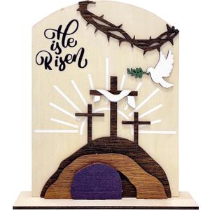 Empty Tomb Easter Scene and Christian Cross Decoration Wooden Easter Resurrection Scene Jesus Resurrection Scene for Religious for Display Home Office Tabletop Tray, Church, Shelf Decor