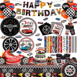 231PCS Cars Birthday Decorations Set Race Car Birthday Party Decorations Kit with Tablecloth, Banner, Plates, Cups, Napkins, Stickers & Slap Bracelets, Car Themed Party Decorations Serves 24