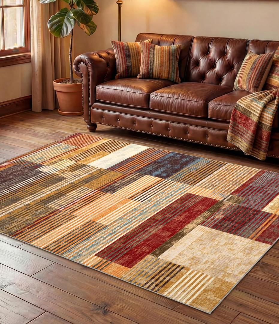 YIHOUSE Brown Area Rug 3x5, Farmhouse Rugs Washable,Vintage Burgundy Carpets for Bedroom,Burnt Orange Area Rug Non Slip,Geometric Boho Rug for Kitchen,Dining Room