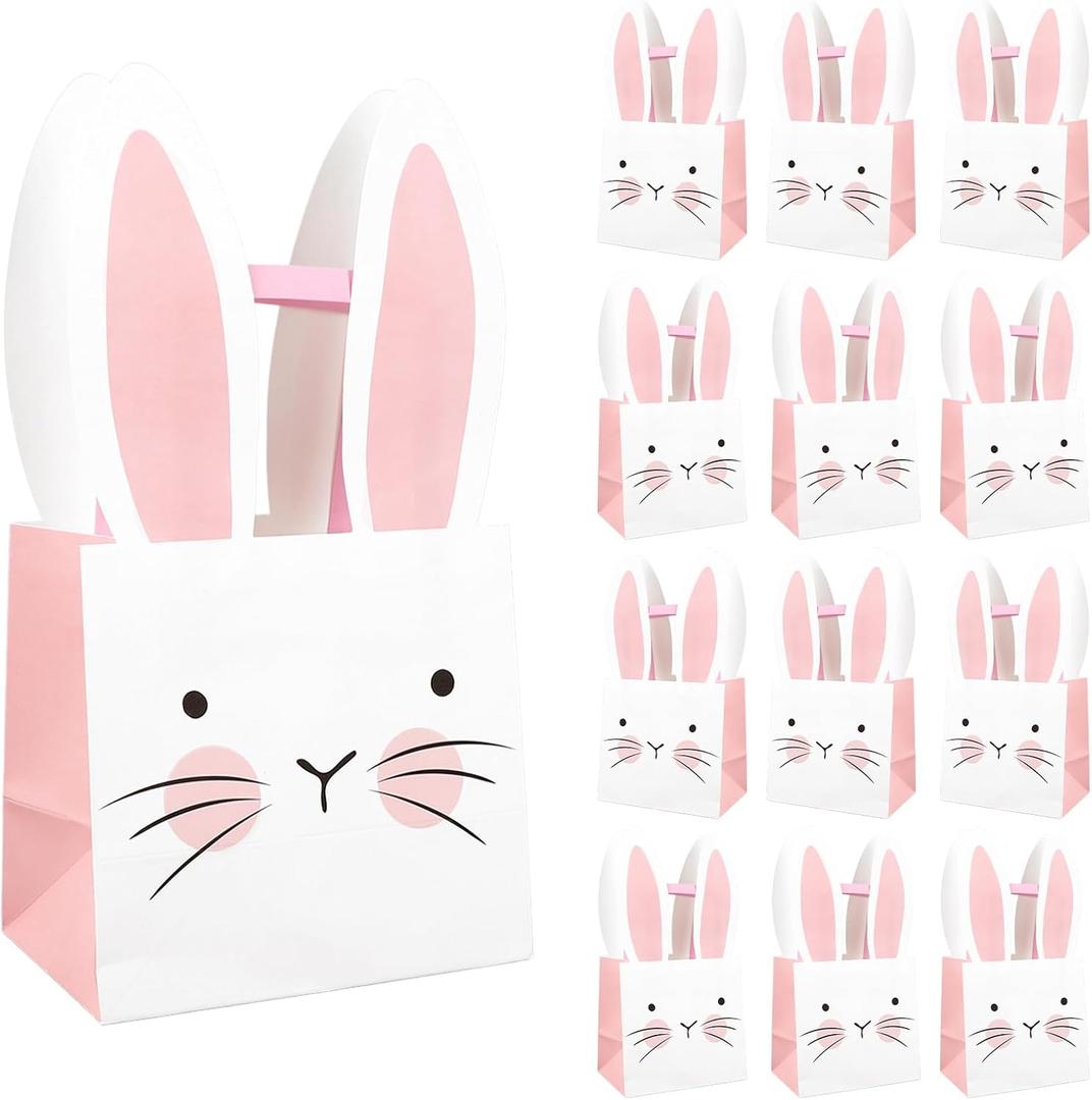FYSUIMU 16 Pcs Easter Paper Bags Pink Bunny Treat Bags with Handles Rabbit Face Candy Goodie Bag for Birthday Baby shower Party Favors Supplies
