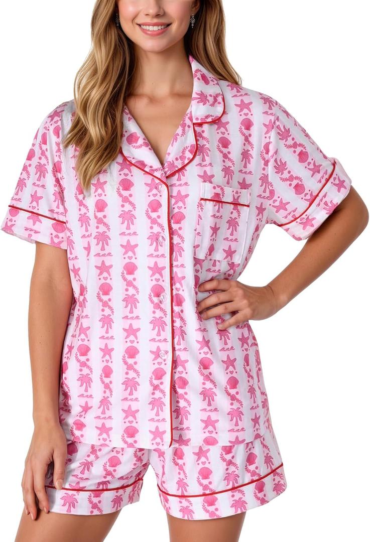 Pajamas for Womens Set Summer 2 Pece Pjs Matching Shorts Set Loungewear Palm Sleepwear for Beach Vacation, Holiday, Large