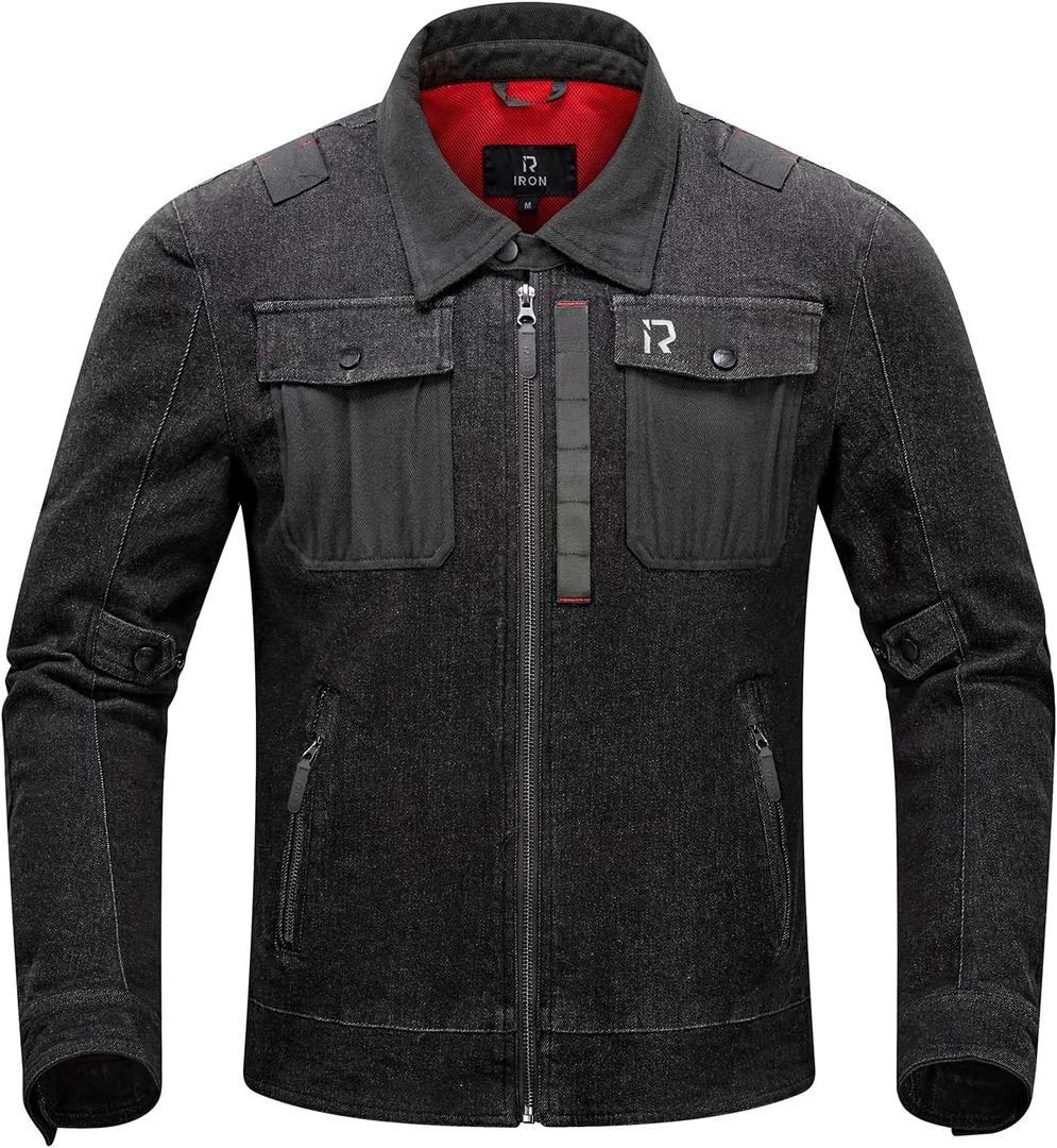 BORLENI Motorcycle Jacket Denim Breathable Reflective with Mesh CE Armor Protection for Men Motorbike Riding Jacket All Seasons (Large, Black)