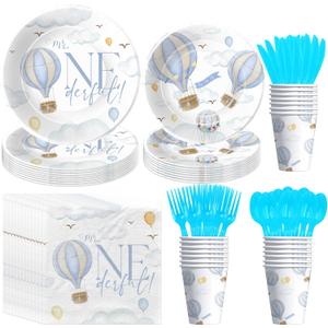 Hot Air Balloon 1st Birthday Party Supplies Boy, Mr Onederful Birthday Decorations, Plate, Napkin, Cup, Cutlery, Blue Hot Air Balloon First Birthday Party Decorations For 24 Guests