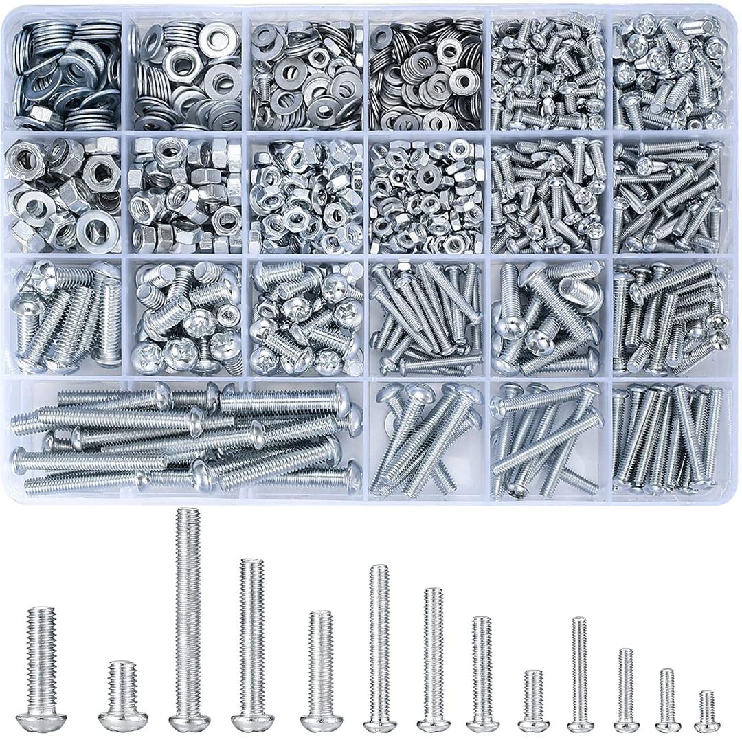 wugongshan 1080 Pcs Screws Bolts and Nuts Assortment Kit, Metric Machine Screws and Nuts and Flat Washers, M3/M4/M5/M6 Cross Slotted Round Head Bolts Sets (C)